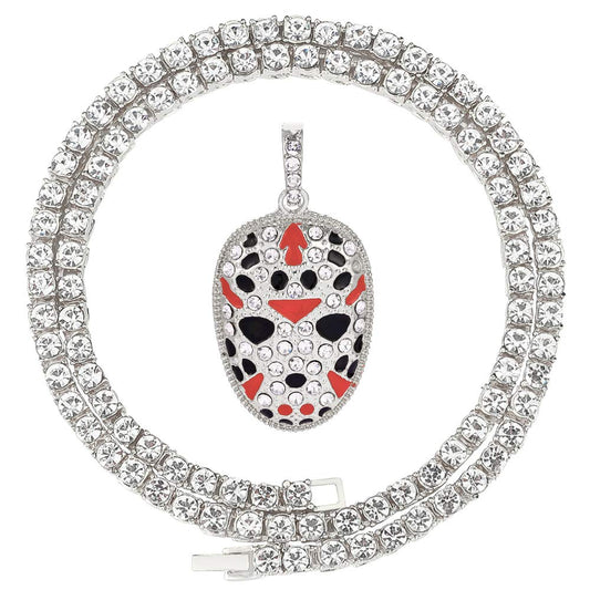 HH BLING EMPIRE 14k Gold Silver Plated Hip Hop Rapper Pendant Chain Necklace for Men, Iced Out Diamond Jason Mask Pendant with 5mm Tennis Chains 22 Inch (Jason Mask-Silver,& Tennis)