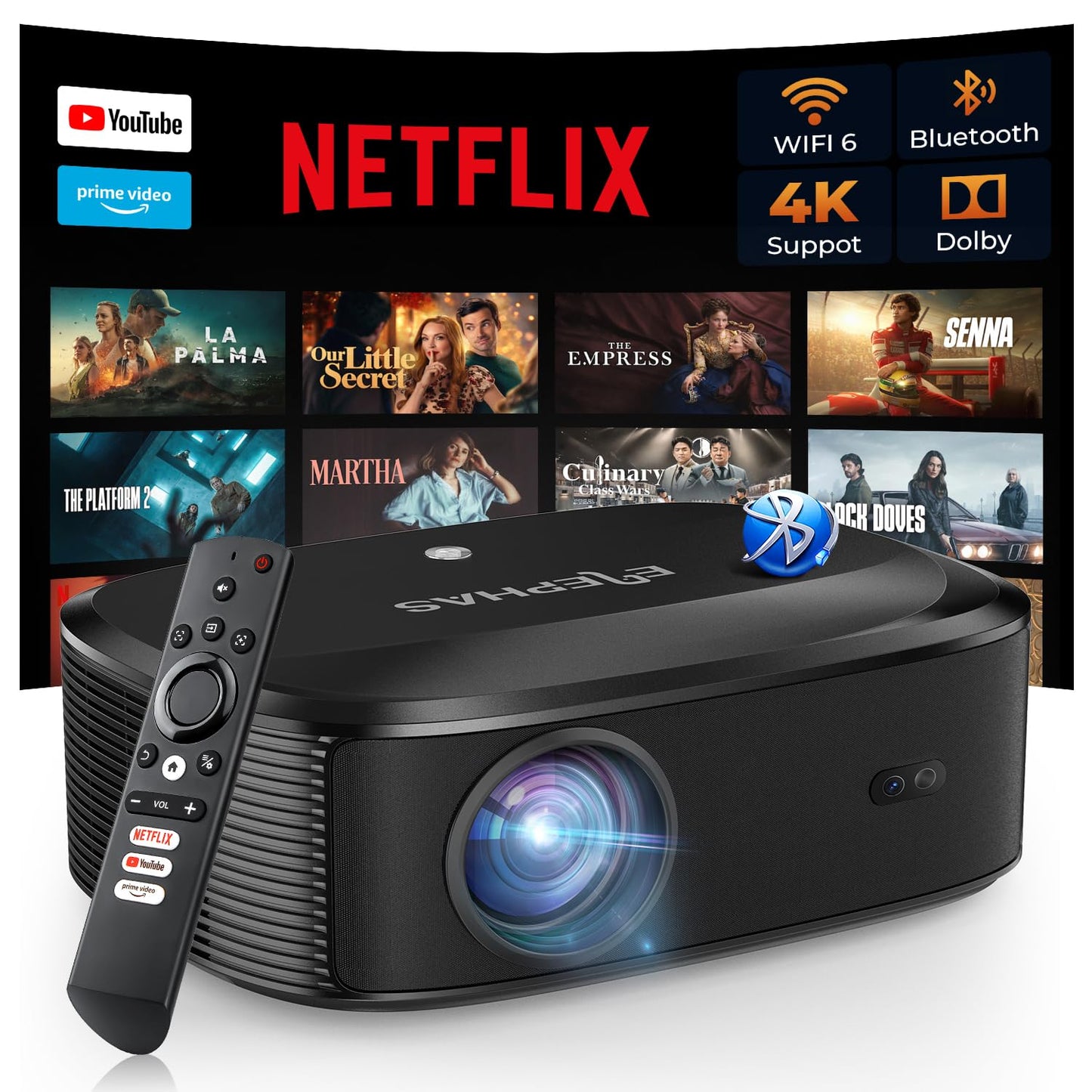 4K Projector with Wifi and Bluetooth, ELEPHAS Outdoor Movie Projector with NETFLIX/Prime Video/YouTube Built-in, 100,000+ Apps Supported, Video Projector Compatible with HDMI/USB/iOS/Android/Windows
