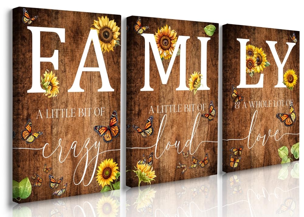 GUBIYU Farmhouse Family Wall Art Set of 3, Rustic Wall Decor for Living Room & Dining Room, Retro Brown Wood Wall Art - Butterfly & Sunflower Decor, 12"x16"