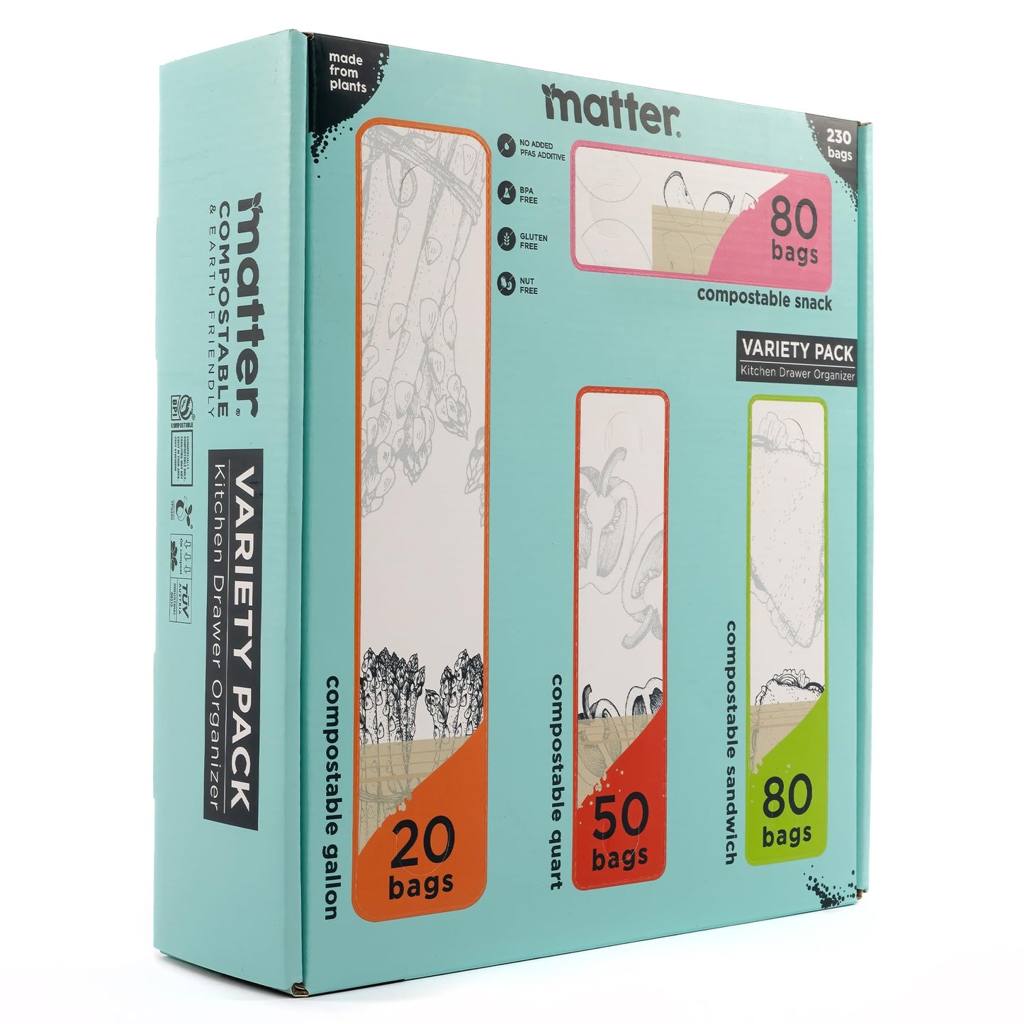 Matter Compostable Assorted Kitchen Bags, 230 Count, Biodegradable, Eco-Friendly Resealable Food Storage Variety Pack, 80 Snack, 80 Sandwich, 50 Quart & 20 Gallon