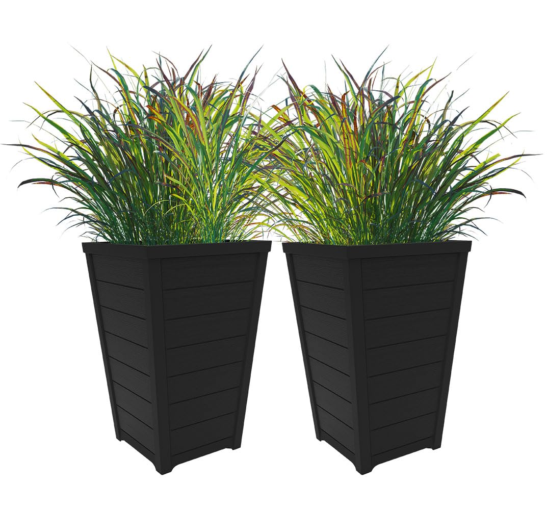 Keter Set of 2 Resin Modern Outdoor 22 Inch Tall Large Flower Pots, Tapered Wood Look Planters for Outdoor Plants and Front Porch Decor, Graphite