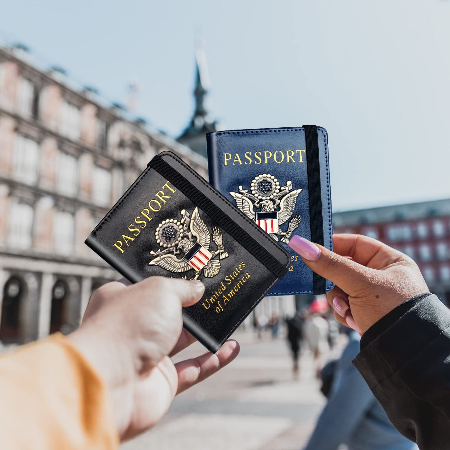 Herain Passport Holder Wallet Cover Case for Men Women Family, Metal US Badge Passport Book Holers with RFID Blocking, Travel Essentials Cruise Must Haves