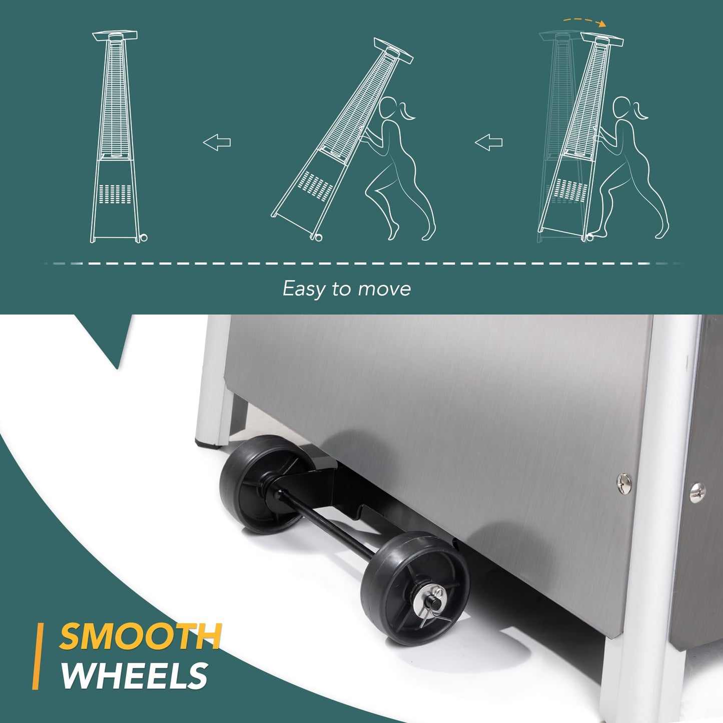 Pamapic Patio Heater, 48,000 BTU Pyramid Flame Patio Outdoor Heater with Cover, Quartz Glass Tube Stainless Steel Propane Heater with Wheels (Stainless Steel Color)