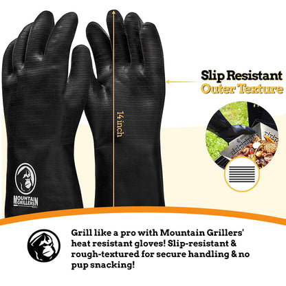 Mountain Grillers Extreme Heat Resistant Gloves for Grill BBQ High Temperature Fire Pit Gloves Barbecue Cooking, Smoker, Oven, Fryer, Grilling Waterproof, Fireproof Oil Resistant Neoprene Coating 14in