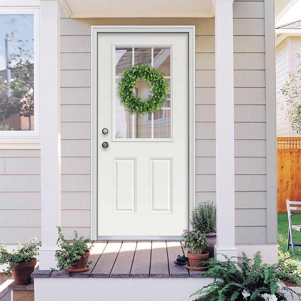 Lvydec Artificial Green Leaves Wreath - 15" Boxwood Wreath Outdoor Green Wreath for Front Door Wall Window Party Décor