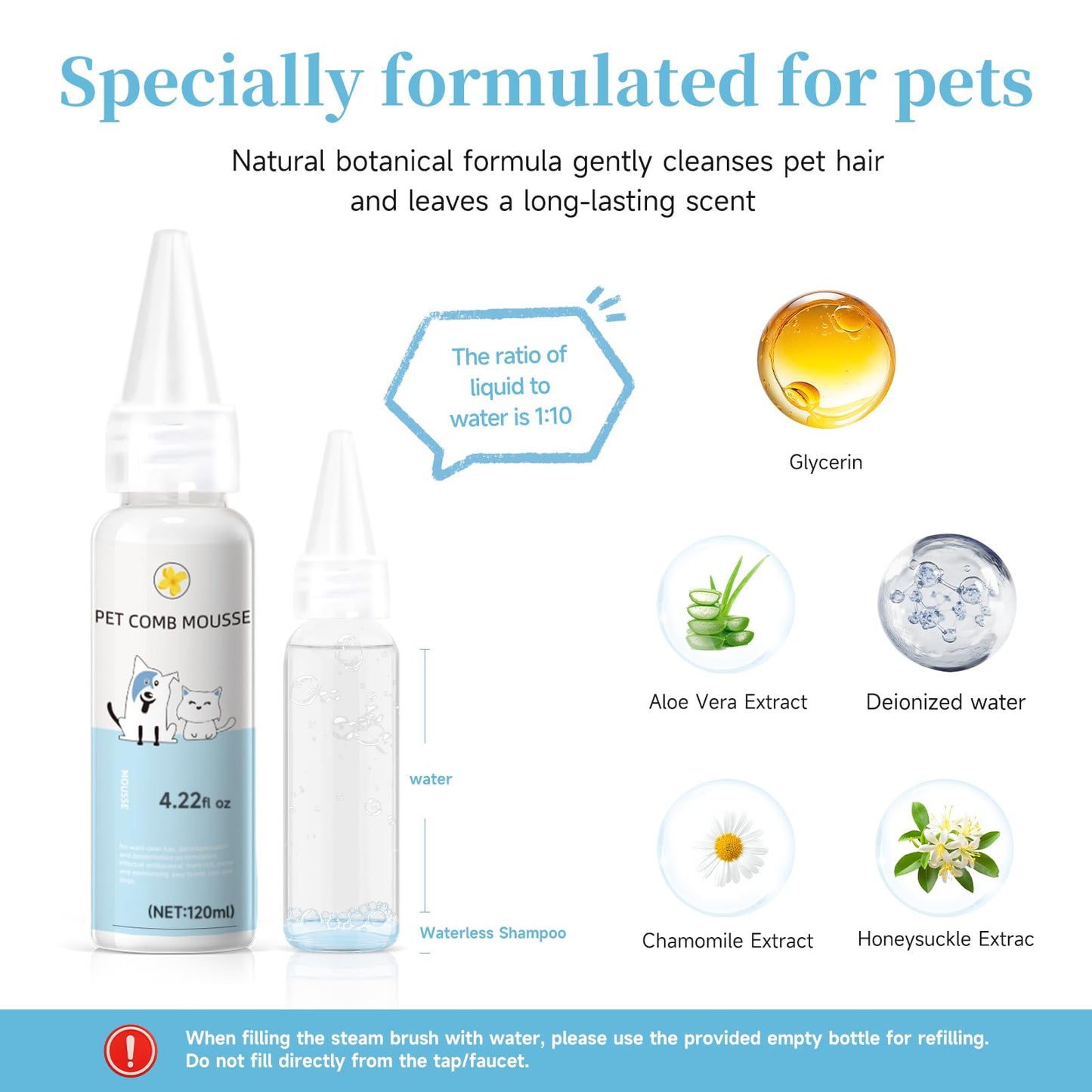 Pet Steam Brush for Dog & Cat – 3-in-1 Spray Hair Removal Comb – Steam for Shedding & Grooming – Water Brush for Long & Short Haired Pets – Spritz Defur Comb – Includes Waterless Shampoo