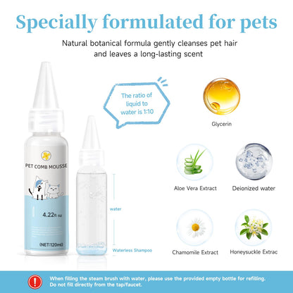 Pet Steam Brush for Dog & Cat – 3-in-1 Spray Hair Removal Comb – Steam for Shedding & Grooming – Water Brush for Long & Short Haired Pets – Spritz Defur Comb – Includes Waterless Shampoo