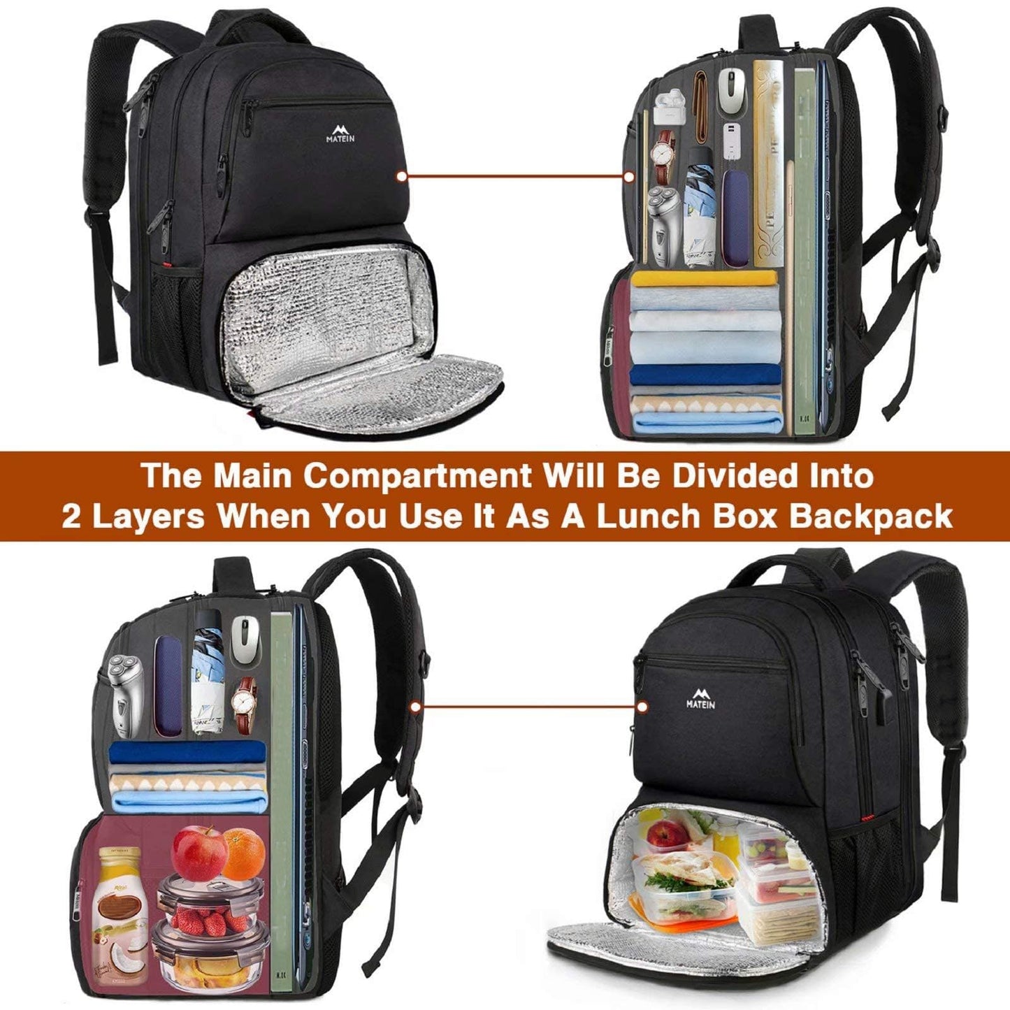 MATEIN Lunch Backpack for Men Work, 17 Inch Insulated Cooler Backpack Lunch Box with USB Charging Port, Water Resistant Laptop Back Pack Computer Meal Prep Backpacks for Picnic College Travel, Black