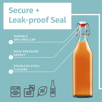 Otis Classic Swing Top Glass Bottles - Set of 6, 16oz w/Marker & Labels - Clear Bottle with Caps for Juice, Water, Kombucha, Wine, Beer Brewing, Kefir Milk or Eggnog