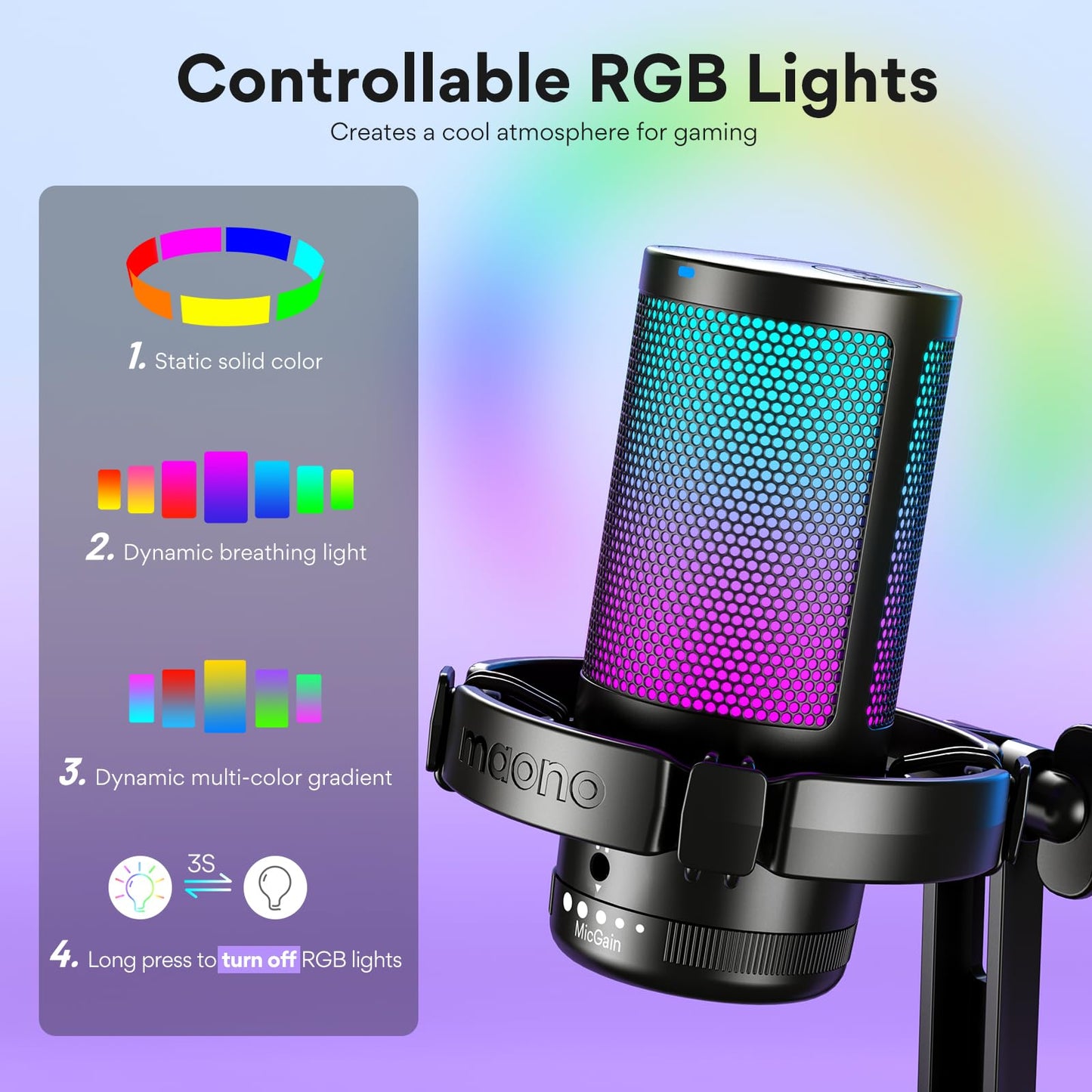 MAONO USB Gaming Microphone for PC, Noise Cancellation Condenser Mic with RGB Lights, Mute, Gain for Streaming, Recording, Podcast, Chat, Twitch, YouTube, Discord, Computer, PS5, PS4, GamerWave