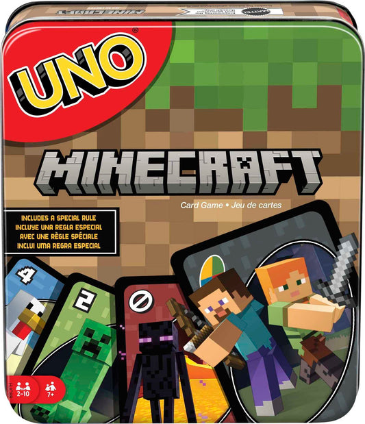 Mattel Games UNO Card Game, Gifts for Kids and Family Night, Themed to Minecraft Video Game, Travel Games, Storage Tin Box
