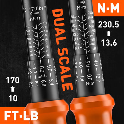 HORUSDY 1/2-Inch Drive Click Torque Wrench Set – 10–170 ft-lb / 13.6–230.5 Nm, ±3% Precision, Dual Scale, 72-Tooth Reversible Head with 5" Extension & Adapter for Car, Tire, and Motorcycle Use