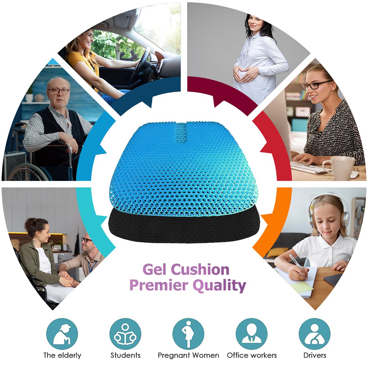 masteymoh Gel Seat Cushion for Long Sitting, Gel Cushions for Pressure Sores Relief, 18.5x17.3x1.2 Inches Cooling Gel Car Seat Cushion, Seat Cushions for Office Chairs with Breathable Nonslip Cover