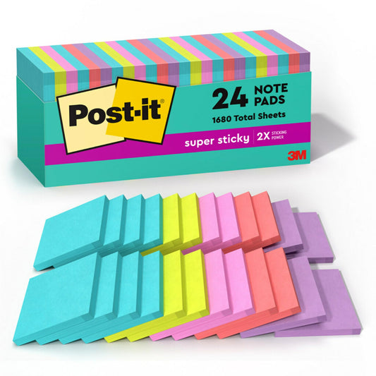 Post-it Super Sticky Notes, 24 Sticky Note Pads, 3 x 3 in., School Supplies, Office Products, 2X The Sticking Power, Supernova Neons Collection