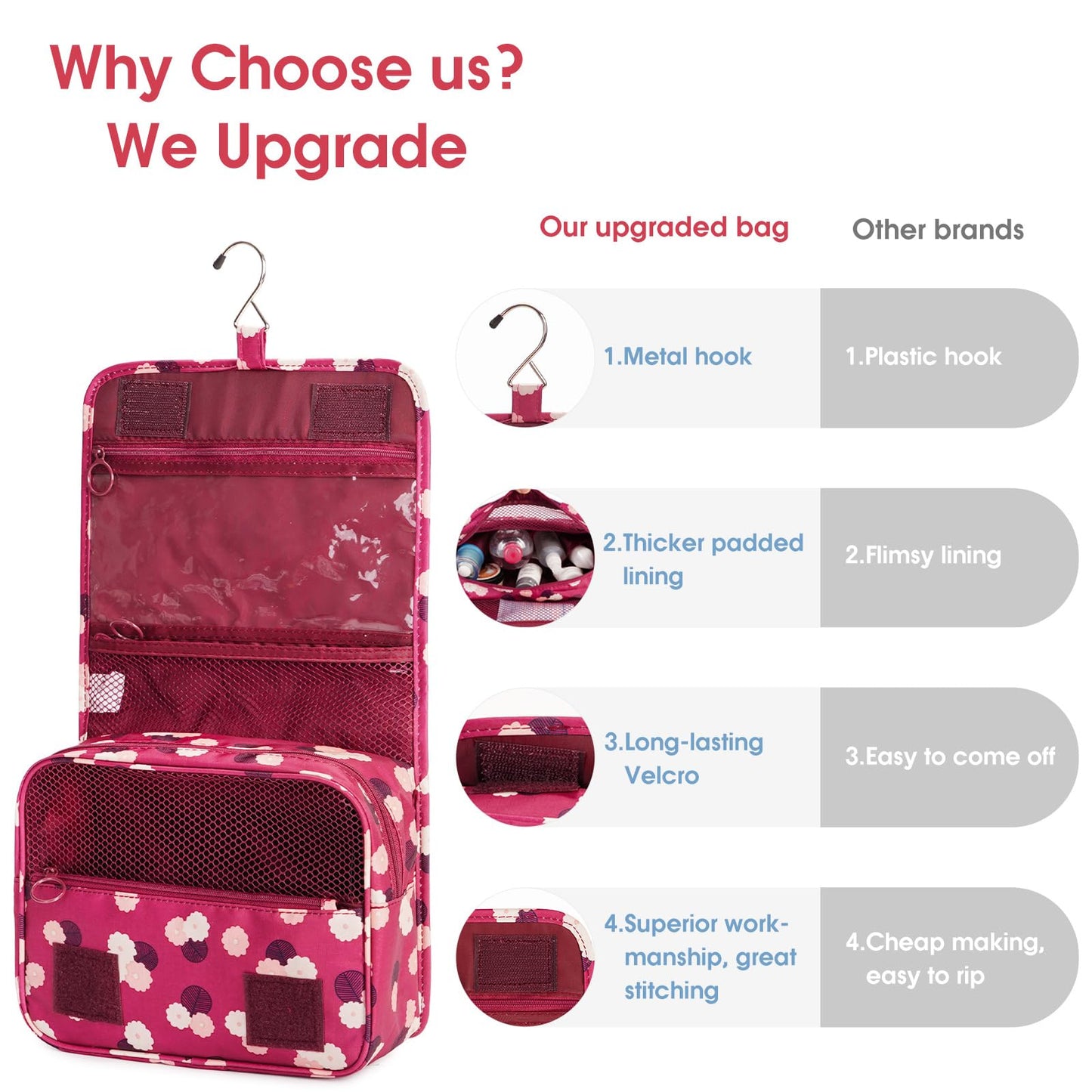 Narwey Hanging Toiletry Bag for Women Travel Makeup Bag Organizer Toiletries Bag for Travel Size Cosmetics Essentials Accessories (Red Flower)