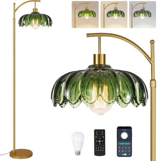 QIYIZM Glass Floor Lamp for Living Room,Bedroom,Gold Dimmable Standing Lamp with Remote,Mid Century Modern Brass Tall Lamp Boho Vintage Retro Floor Lamps Arc Green Flower Floor Light Lamp Bohemian