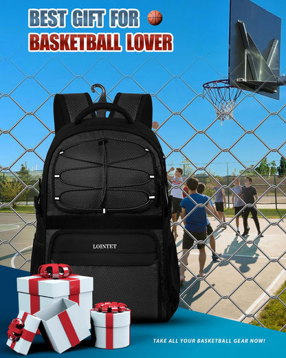 LOINTET Basketball Bag Backpack with Ball Holder Shoes Compartment, Large Basketball Accessories Sports Bag More Pockets for Football, Soccer, Volleyball, Gym, Travel, Black