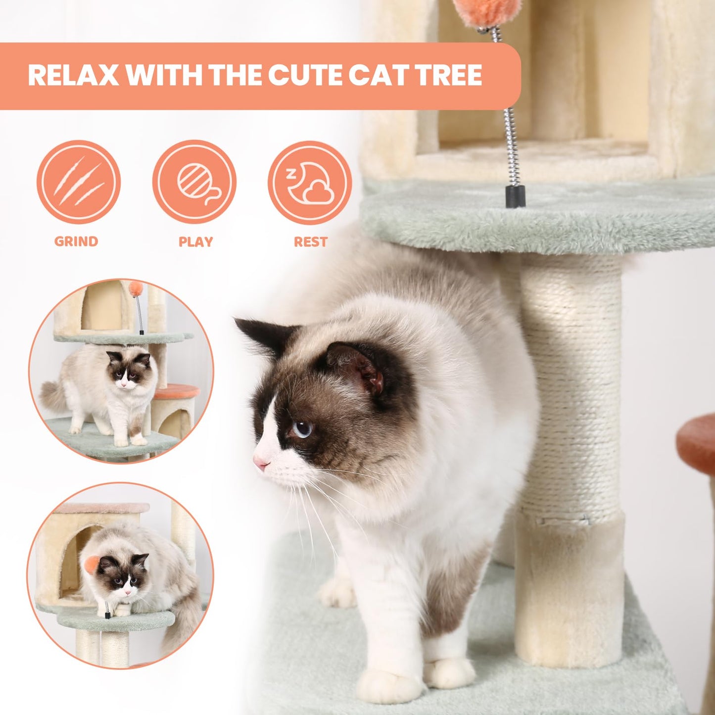 HYABi 63-inch Cat Tree for Large Cats, Multi-Level Flower Tower with Condo, Sisal Scratching Posts & Toy Balls, Sturdy & Safe Indoor Playhouse