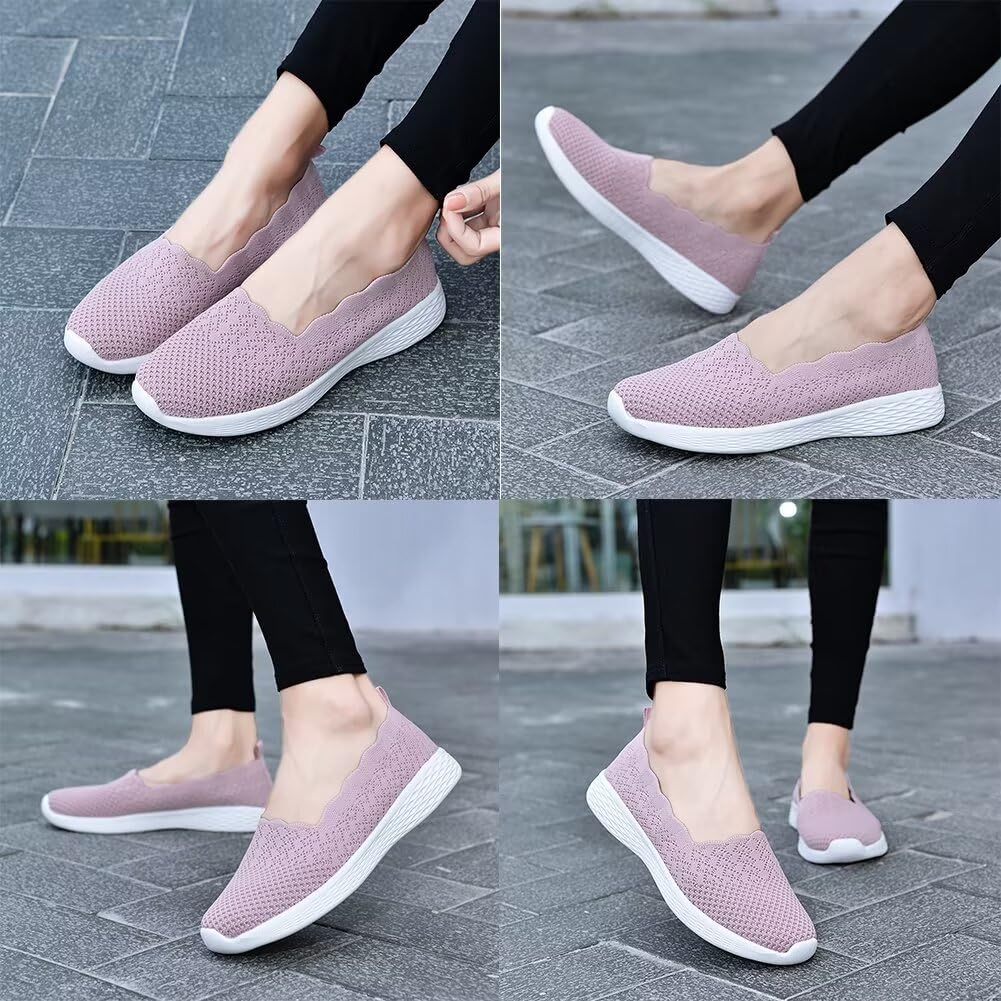 poemlady Women's Slip on Loafer Shoes - Mesh Casual Ballet Flat Nurse Walking Sneakers Knit Round Toe Casual Low Wedge Memory Foam Shoes, 1905 B/Pink 8.5