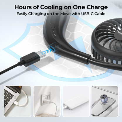 AMACOOL Neck Fan Battery Operated Neckband Fan Hand-Free Wearable Personal Fan for Hot Flashes Home Office Travel Outdoor Sports (Black)