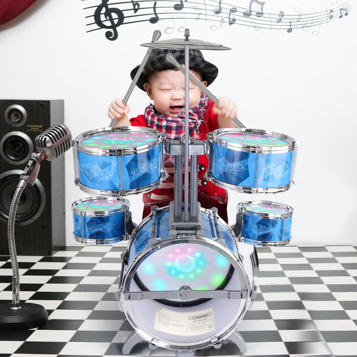 Kids Drum Set for Toddlers with 5 Jazz Drum Kit & Lights (Vibrating-Controlled) & Alloy, Musical Instruments Toys, Boys Gifts for Aged 1-3 3-5