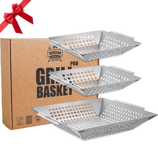3 Pack Grill Baskets for Outdoor Grill, Heavy Duty Stainless Steel Vegetable Grill Basket, Grilling Basket for Veggies, Grilling Accessories for All Grills & Smokers - Grilling Gifts for Men