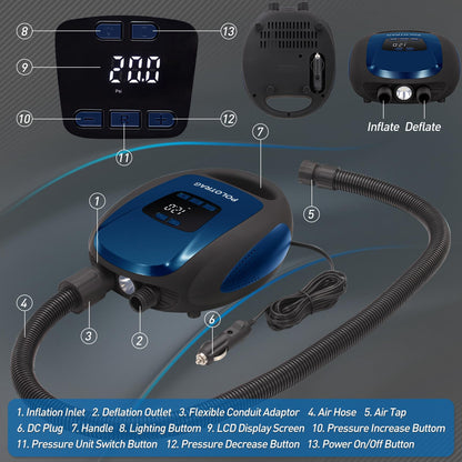 Polotrag Paddle Board Pump, SUP Electric Pump, Professional 20 PSI Portable Air Compressor with Auto-Off, Deflation Function and 12V Car DC Air Pump for Inflatables, Kayaks and Boats