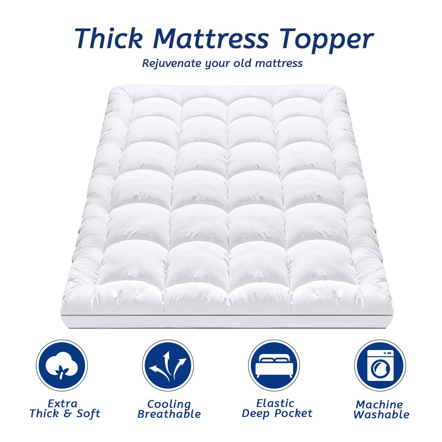 King Size Mattress Topper for Back Pain, Cooling Extra Thick Mattress Pad Cover with 8-21 inch Deep Pocket, Plush Pillow Top Mattress Topper Overfilled with Down Alternative, King Size, White