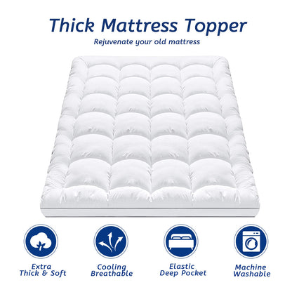 King Size Mattress Topper for Back Pain, Cooling Extra Thick Mattress Pad Cover with 8-21 inch Deep Pocket, Plush Pillow Top Mattress Topper Overfilled with Down Alternative, King Size, White