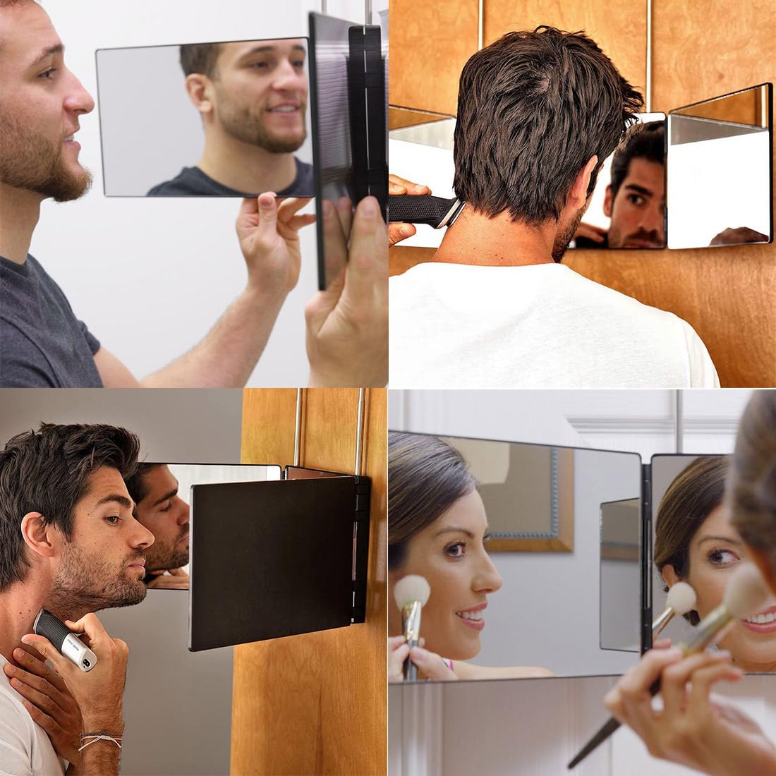 HIEEY 3 Way Mirror for Hair Cutting,360 Trifold Mirror with Height Adjustable Telescoping Hooks,and 5X Magnification,for Makeup, Hair Styling