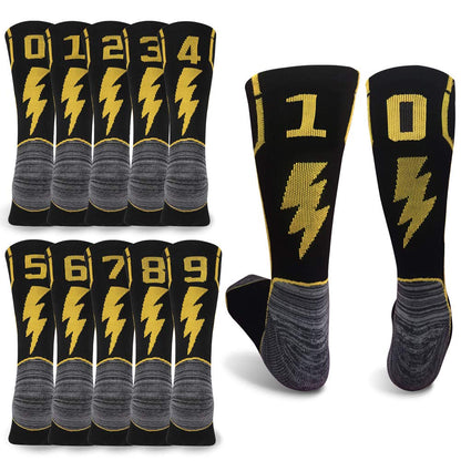 KitNSox Adult Youth Mid Calf Cushion Team Sports Number Socks for Basketball Football Baseball Gold/Black