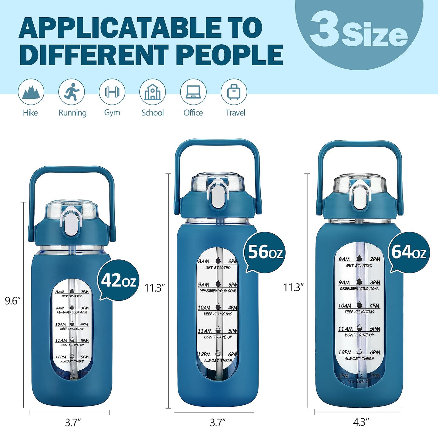 kytffu 56oz Glass Water Bottles with Straw, Motivational Glass Bottle with Silicone Sleeve and Time Marker, Leakproof Large Glass Water Jug for Gym Home Office,Iron Blue