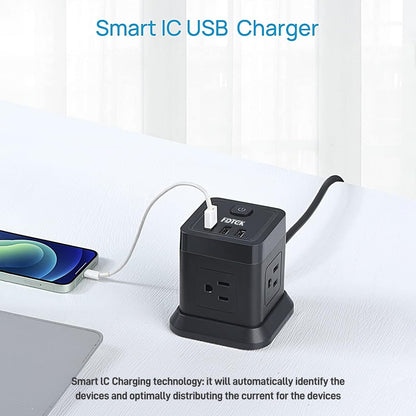 Power Strip with USB, FDTEK Flat Plug Extension Cord with 4 AC and 3 USB, 5 FT Power Cord Desktop Charging Station, Overload Protection, Compact Portable for Travel Home Office Cruise Ship - Black