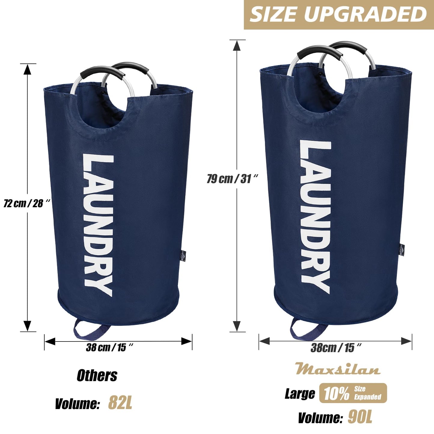 Maxsilan 90L Large Laundry Basket, Freestanding Tall Clothes Hamper, Collapsible Laundry Bag, Dark Blue