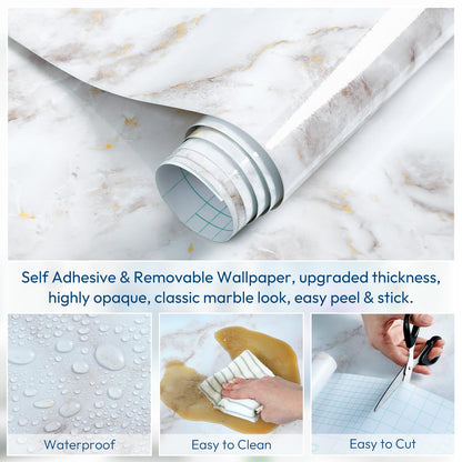 rabbitgoo Glossy Marble Contact Paper Peel and Stick Wallpaper 17.5" X 78.7" Countertop Furniture Waterpoof Self Adhesive Removable Cover for Kitchen Bathroom Cabinet Drawer Shelf Liner Vinyl Roll