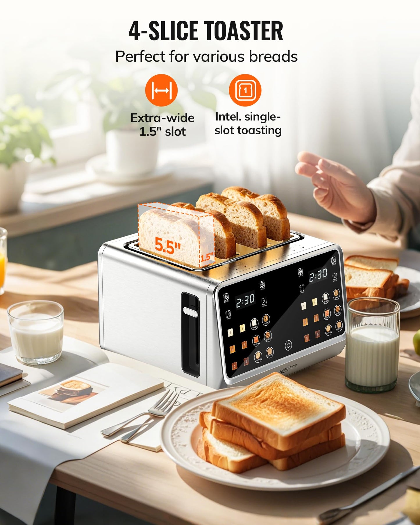Keenstone Toaster 4 Slice, Digital Smart Toaster with TouchScreen, Dual Control Panel, Single Slot Toasting, Timer, Reheat & Defrost for Bagels, Bread, Waffles, Stainless Steel Kitchen Essentials