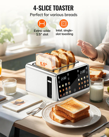 Keenstone Toaster 4 Slice, Digital Smart Toaster with TouchScreen, Dual Control Panel, Single Slot Toasting, Timer, Reheat & Defrost for Bagels, Bread, Waffles, Stainless Steel Kitchen Essentials