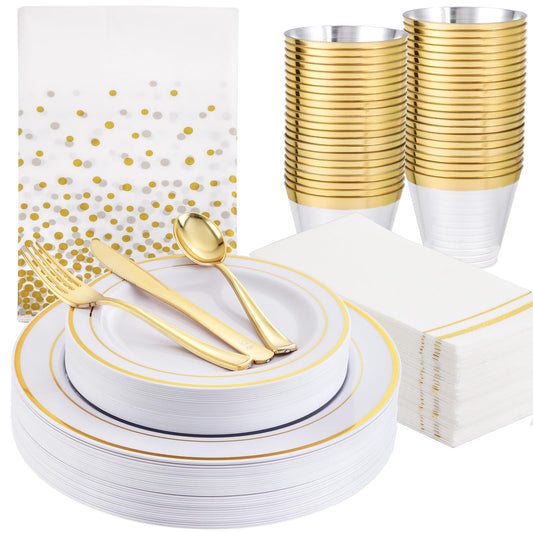 GATHER 176 Pieces Gold Dinnerware Disposable - White and Gold Plastic Plates Includes 50 Plates, 25 Plastic Silverware, 25 Napkins, 25 Cups and 1 Tablecloth for Wedding Party