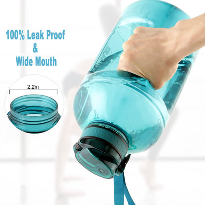 GEMFUL 3 Liter Water Bottle with Straw 101oz BPA-Free Leakproof Time Marker Handle for Gym Sports Large Motivational Jug for Men Women (Cyan with Removable Straw)