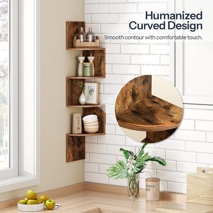 HOOBRO Corner Shelf Wall-Mounted, Set of 2 Floating Corner Shelves for Wall, 4-Tier Corner Bookshelves for Living Room, Bedroom, Bathroom, Home Office, Rustic Brown BF25BJP201