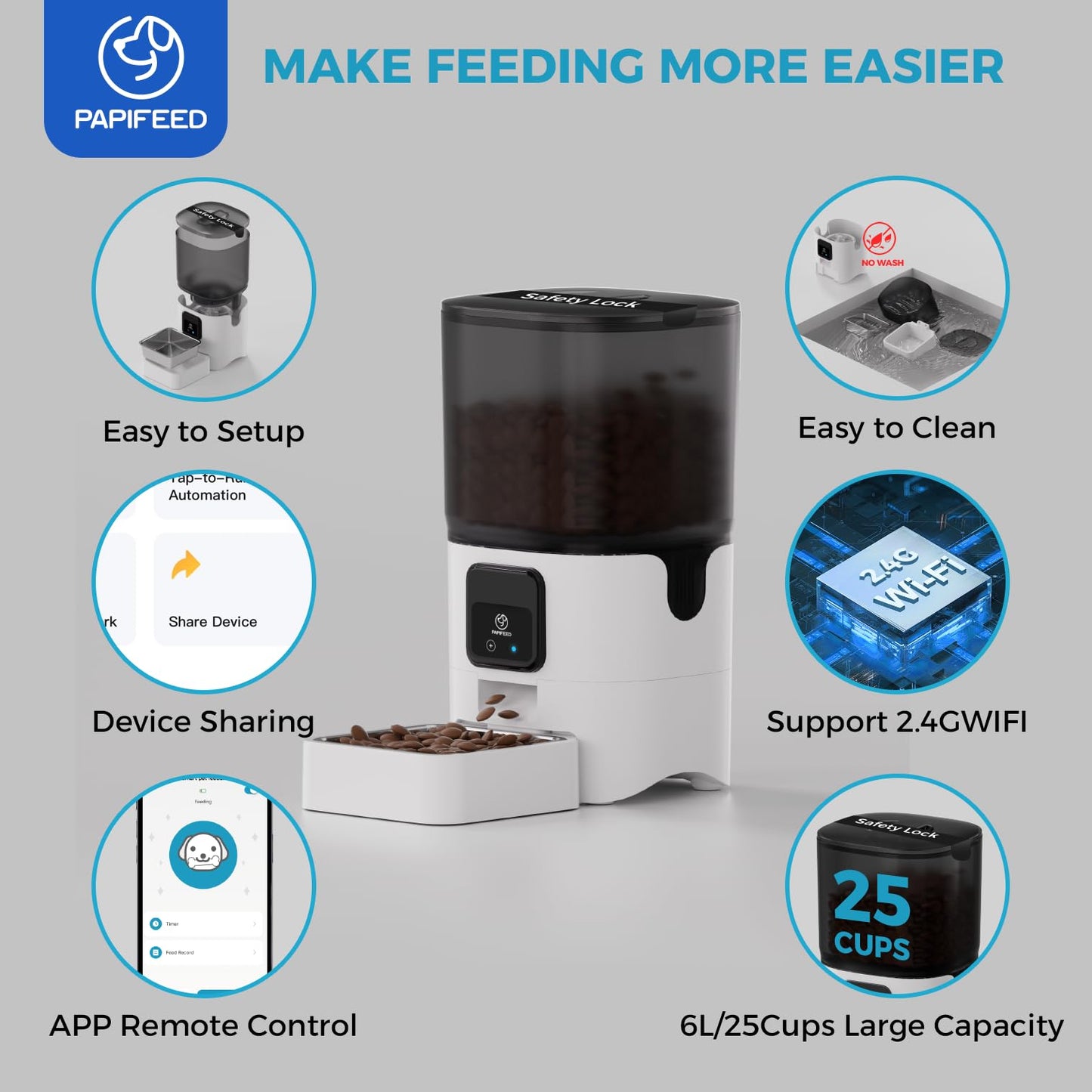 PAPIFEED Smart Automatic Cat Feeders: WiFi Pet Feeder with APP Control for Remote Feeding, Detachable for Easy Clean, Automatic Cat Food Dispenser with Alexa,1-10 Meals Per Day for Dog (6L/25Cup)