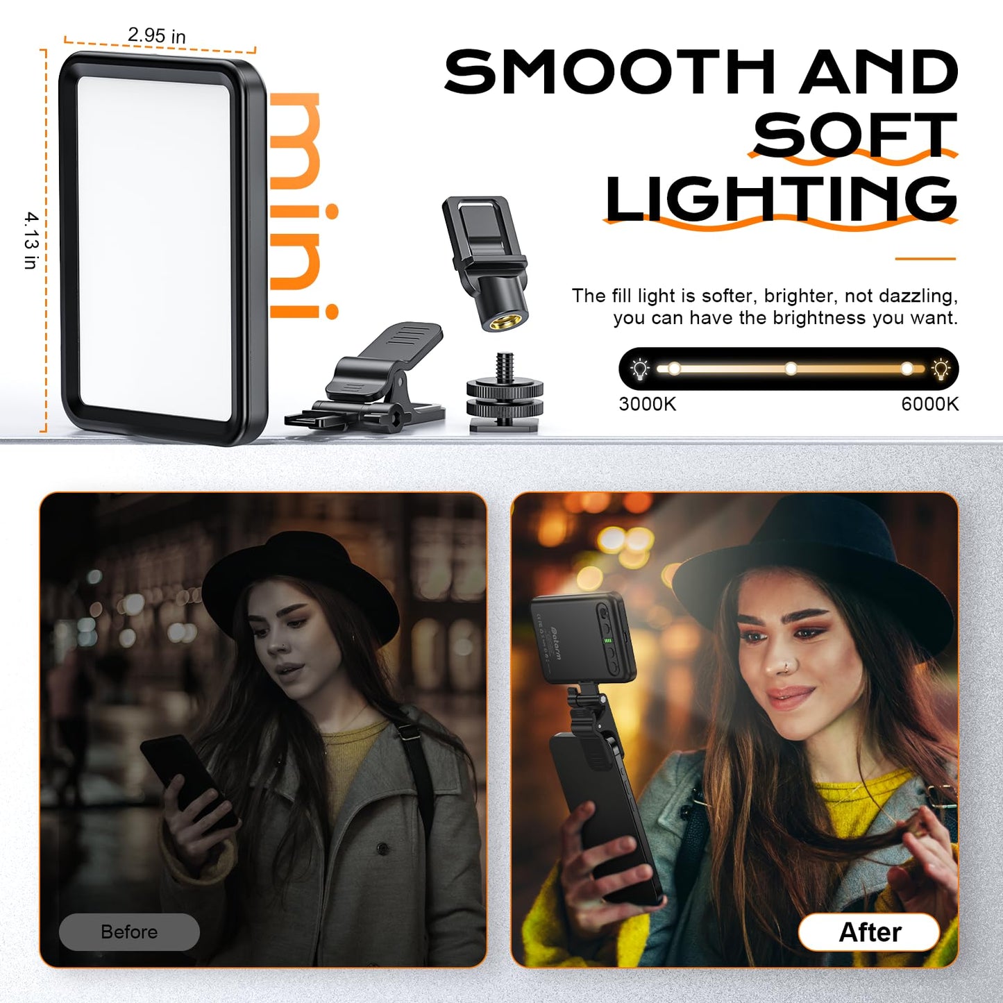 Rechargeable Soft Selfie Light for Phone, Camera, Laptop, 4-14H Battery Portable LED Light for Pictures, Phone Light Clip for Selfie, Vlog, TikTok, Makeup, Video Conference Black