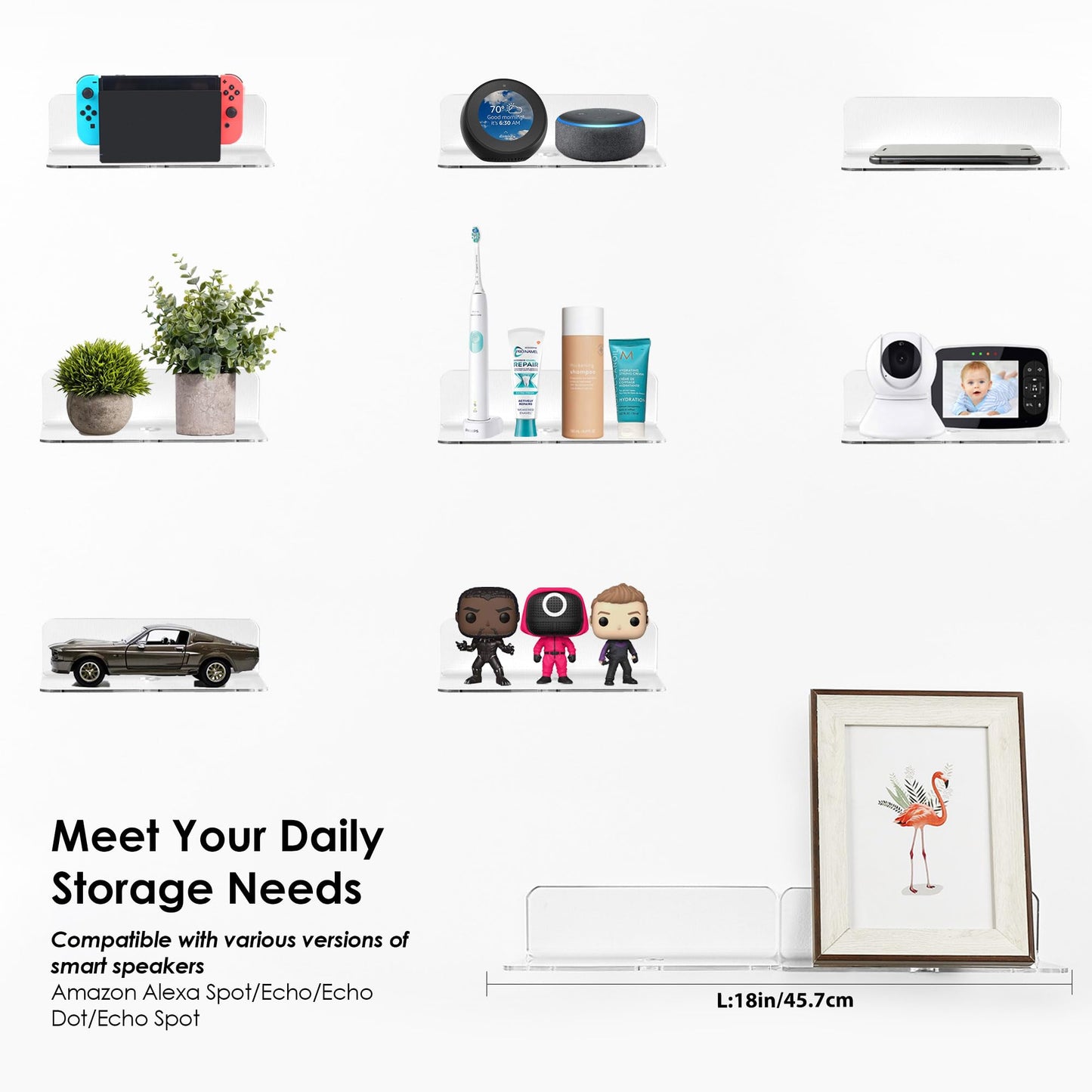 OAPRIRE Clear Acrylic Floating Shelves Set of 2 - Easily Expand Wall Space - Small Wall Shelf with Strong Adhesive for Bathroom, Bedroom, etc