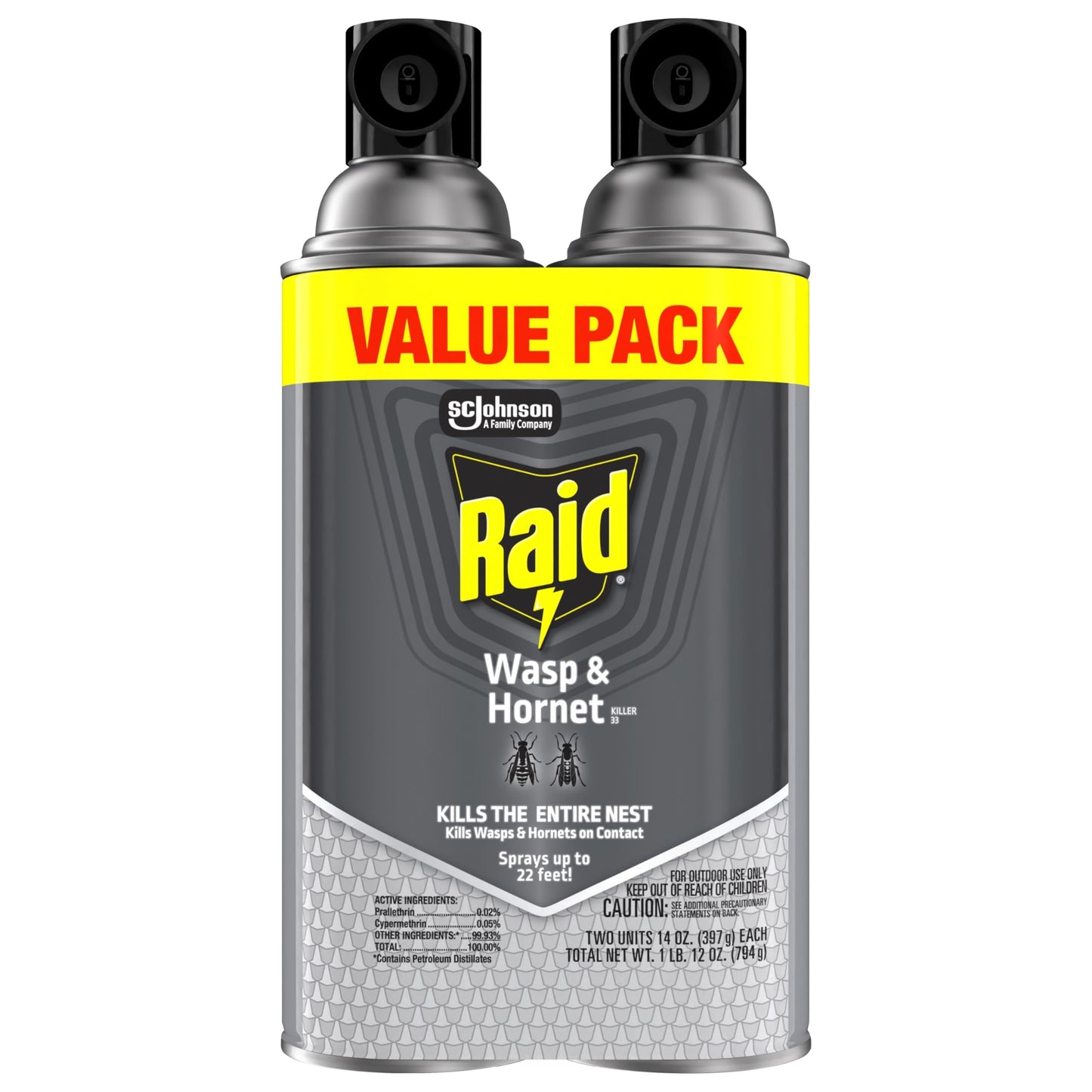 Raid Wasp & Hornet Killer Spray, Bug Killer Kills the Entire Nest, 14 Oz, 2 Count