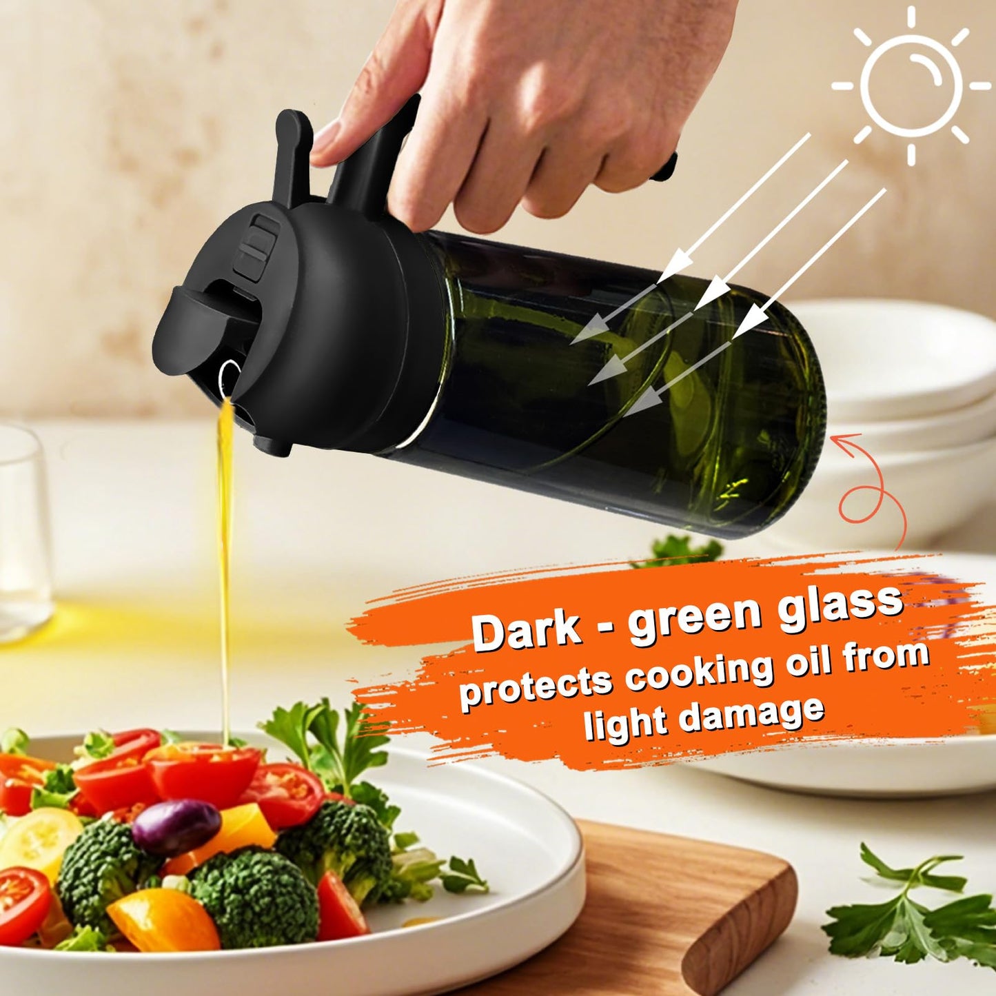 mqnxoi 2 in 1 Glass Oil Sprayer & Dispenser,16oz/470ml Olive Cooking, Air Fryer, and Salad, for Kitchen Gadgets and Air Fryer Accessories, w/Stickers (Black + Dark Green Bottle 2)