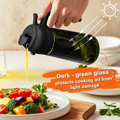 mqnxoi 2 in 1 Glass Oil Sprayer & Dispenser,16oz/470ml Olive Cooking, Air Fryer, and Salad, for Kitchen Gadgets and Air Fryer Accessories, w/Stickers (Black + Dark Green Bottle 2)