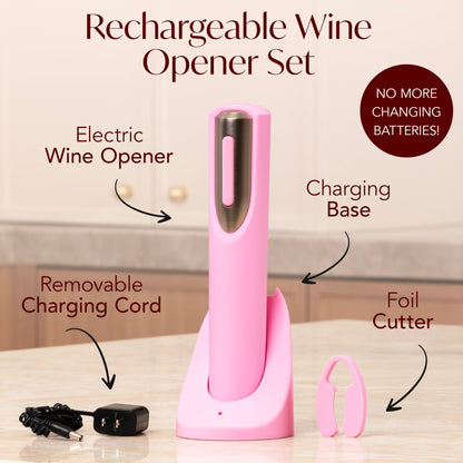 Rechargeable Electric Wine Bottle Opener - Charging Base and Foil Cutter Included with Automatic Wine Opener - Electric Corkscrew for Easy Cork Removal - Best Gift for Wine Lover (Pink & Silver)
