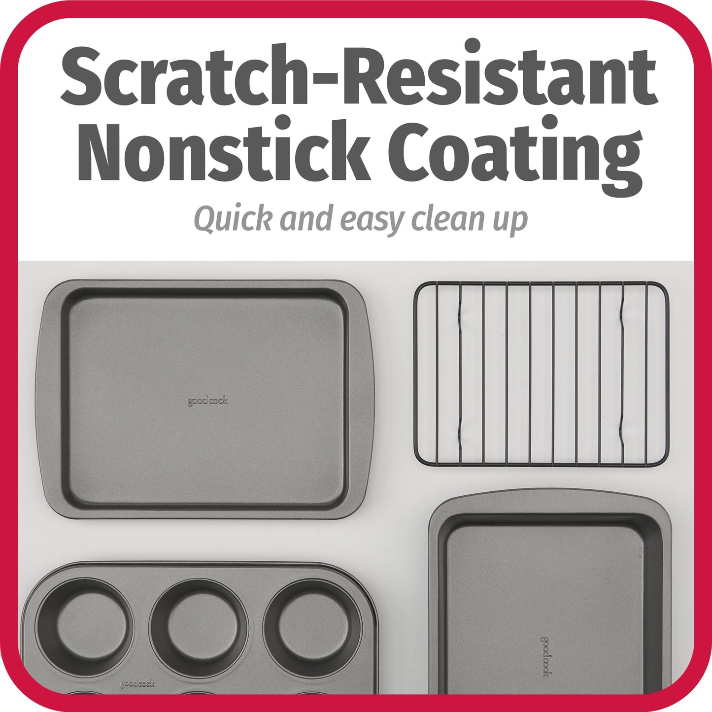 GoodCook 4-Piece Nonstick Steel Toaster Oven Set with Sheet Pan, Rack, Cake Pan, and Muffin Pan, Gray, 4-Piece Set Distributes Heat Evenly, Nonstick Coating, Dishwasher-Safe