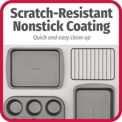 GoodCook 4-Piece Nonstick Steel Toaster Oven Set with Sheet Pan, Rack, Cake Pan, and Muffin Pan, Gray, 4-Piece Set Distributes Heat Evenly, Nonstick Coating, Dishwasher-Safe