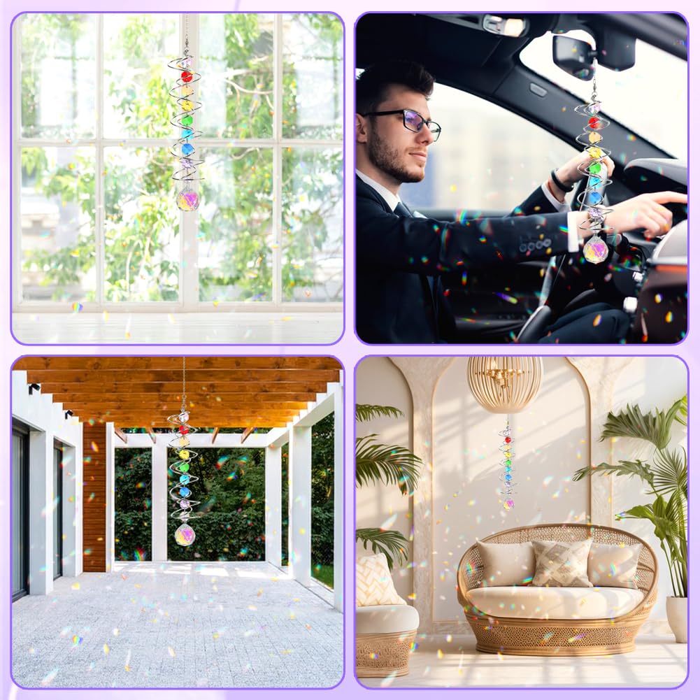 GWAHSA Suncatcher Wind Spinner Gazing Ball Spiral Tail, Crystal Sun Catchers with Seven Chakra Beads Window Hanging for Indoor Home Outdoor Garden Decor Wedding Birthday Party Gifts for Girl Women Mom